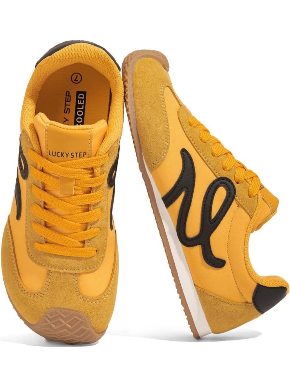 Women's Yellow/Black Leather Comfortable Classic Thin Sole Walking Sneakers